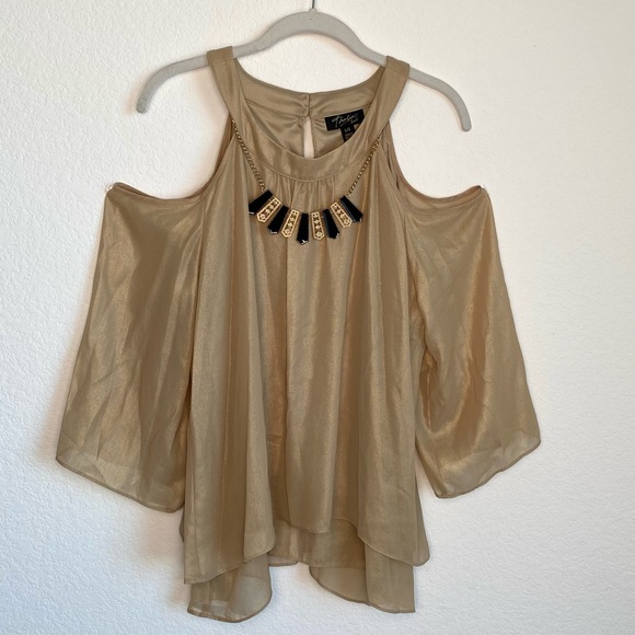 Thalia Sodi Tops - Thalia Sodi Shimmery Gold Cold Shoulder Top with Removable Jewelry Trim